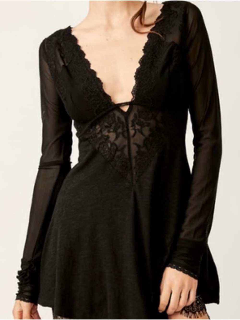Free people Black Lace-Trim Long Sleeve Chemise